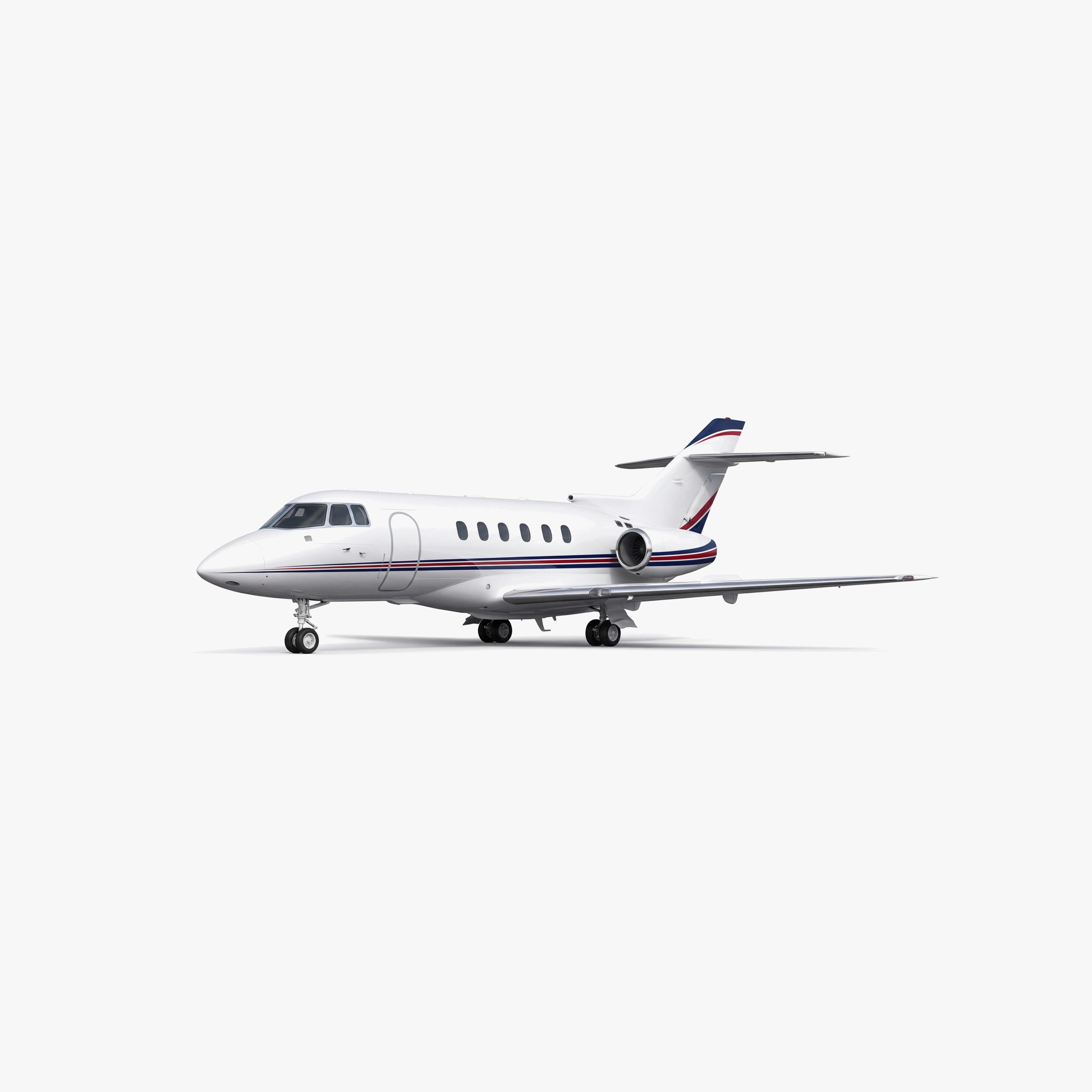 White BAe 125-400 mid-size business jet with red and blue accent stripes on clean studio background