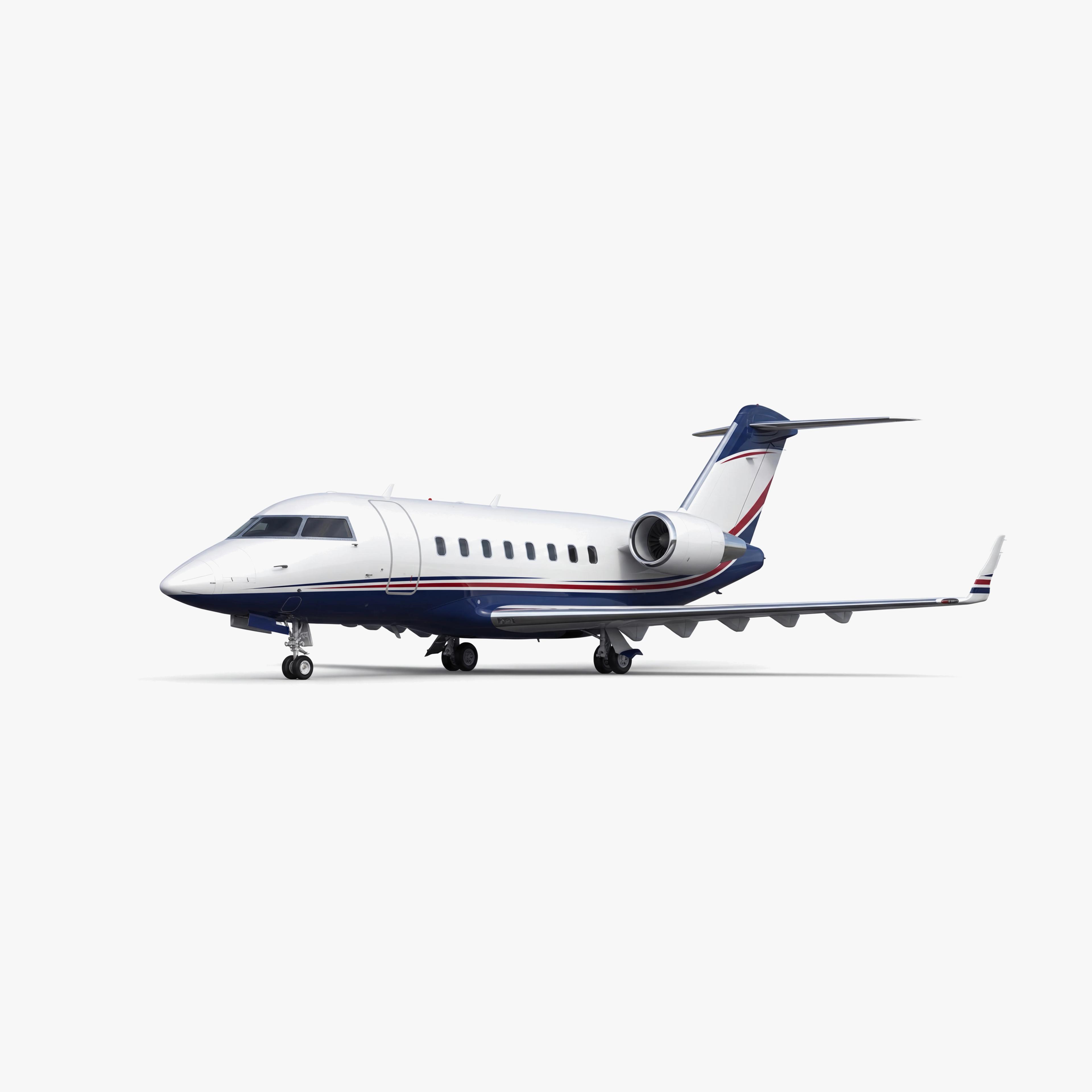 Challenger 604 business jet with white fuselage, navy blue and red accent stripes, T-tail design