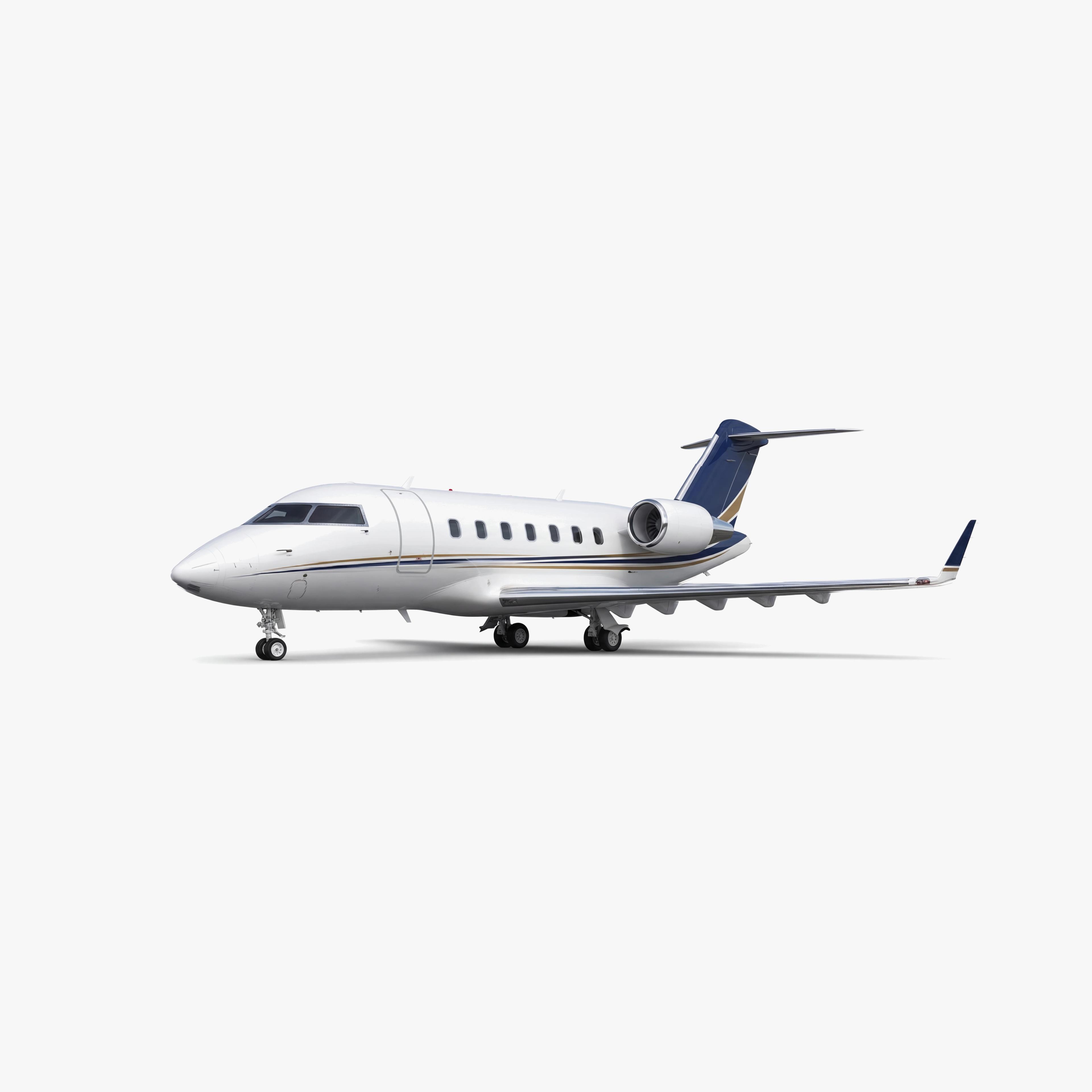 Challenger 650 business jet with white fuselage and blue tail accents in 3D rendered side profile view