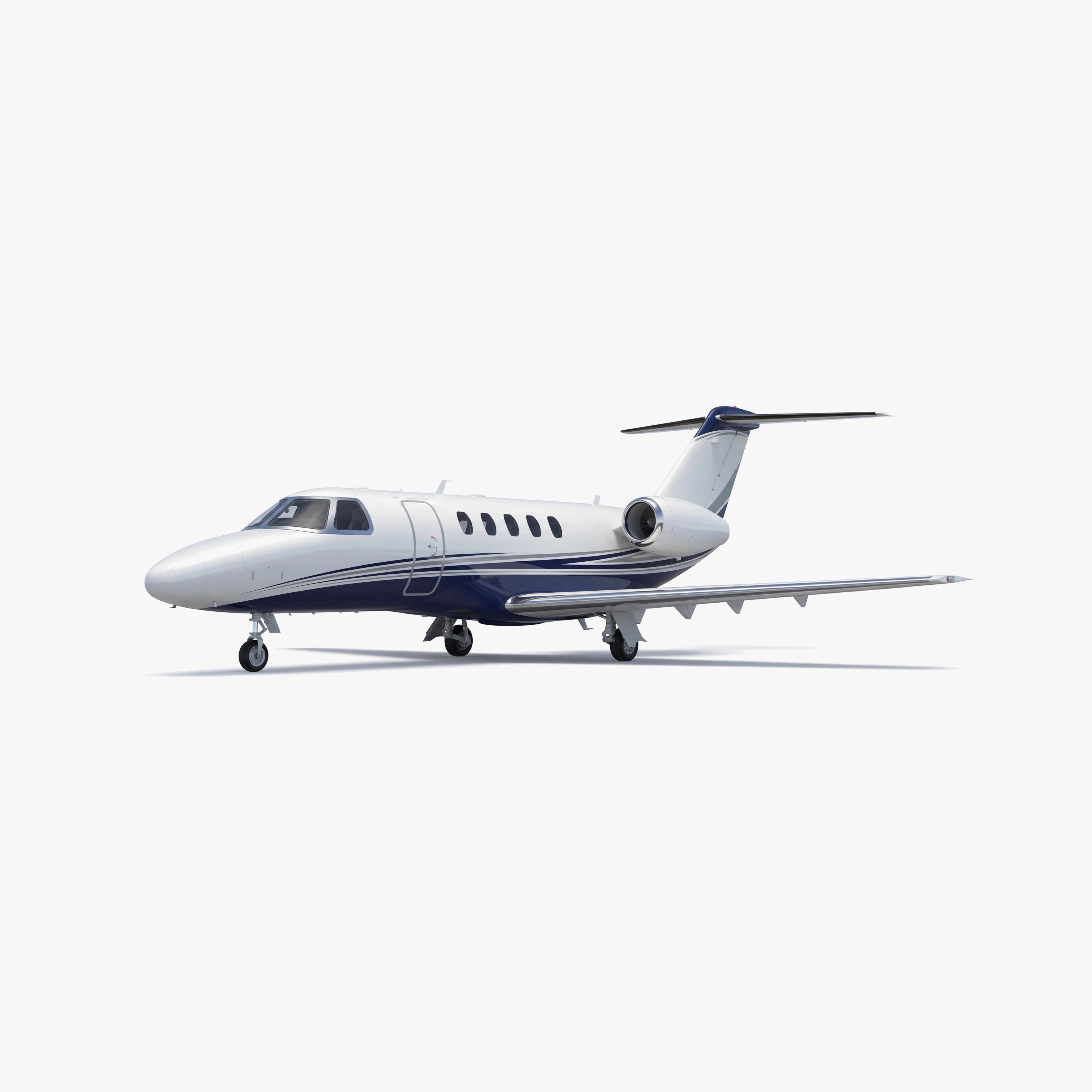 Citation CJ4 light jet in white and blue livery with T-tail configuration on neutral background