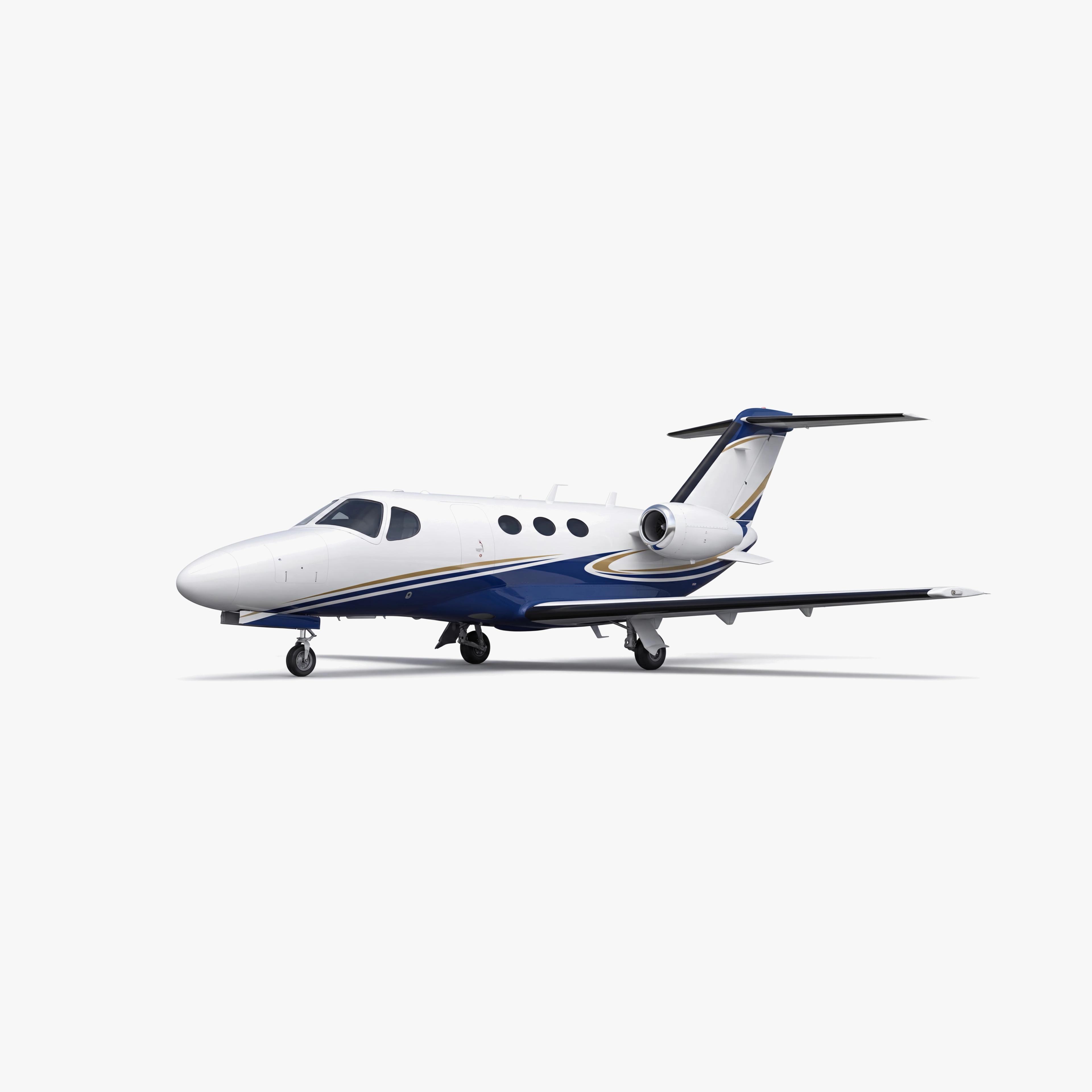 Citation Mustang light jet with white fuselage, blue and gold accent stripes, T-tail design on neutral background