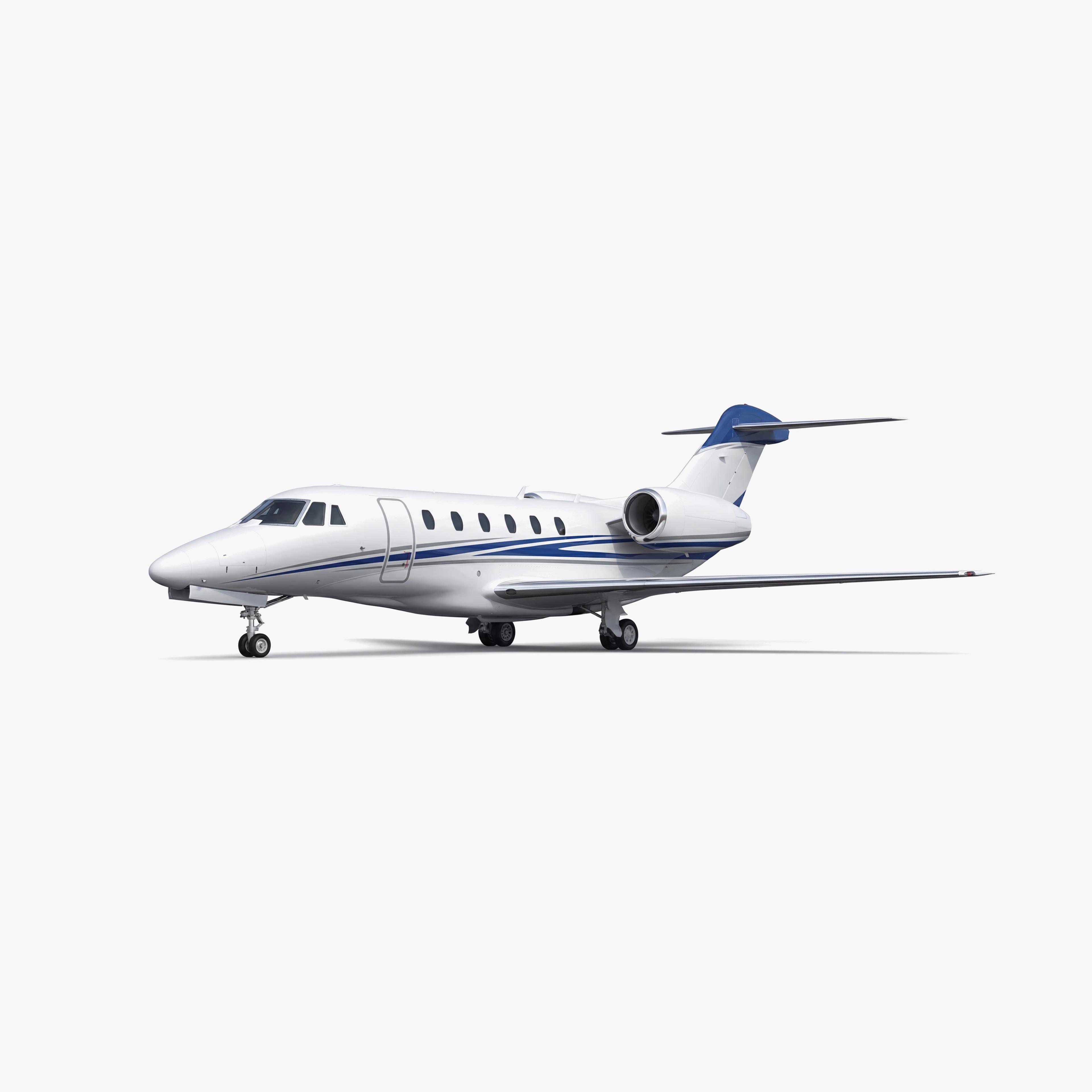 White Citation X private jet with blue accent stripes on clean background, showcasing sleek fuselage design