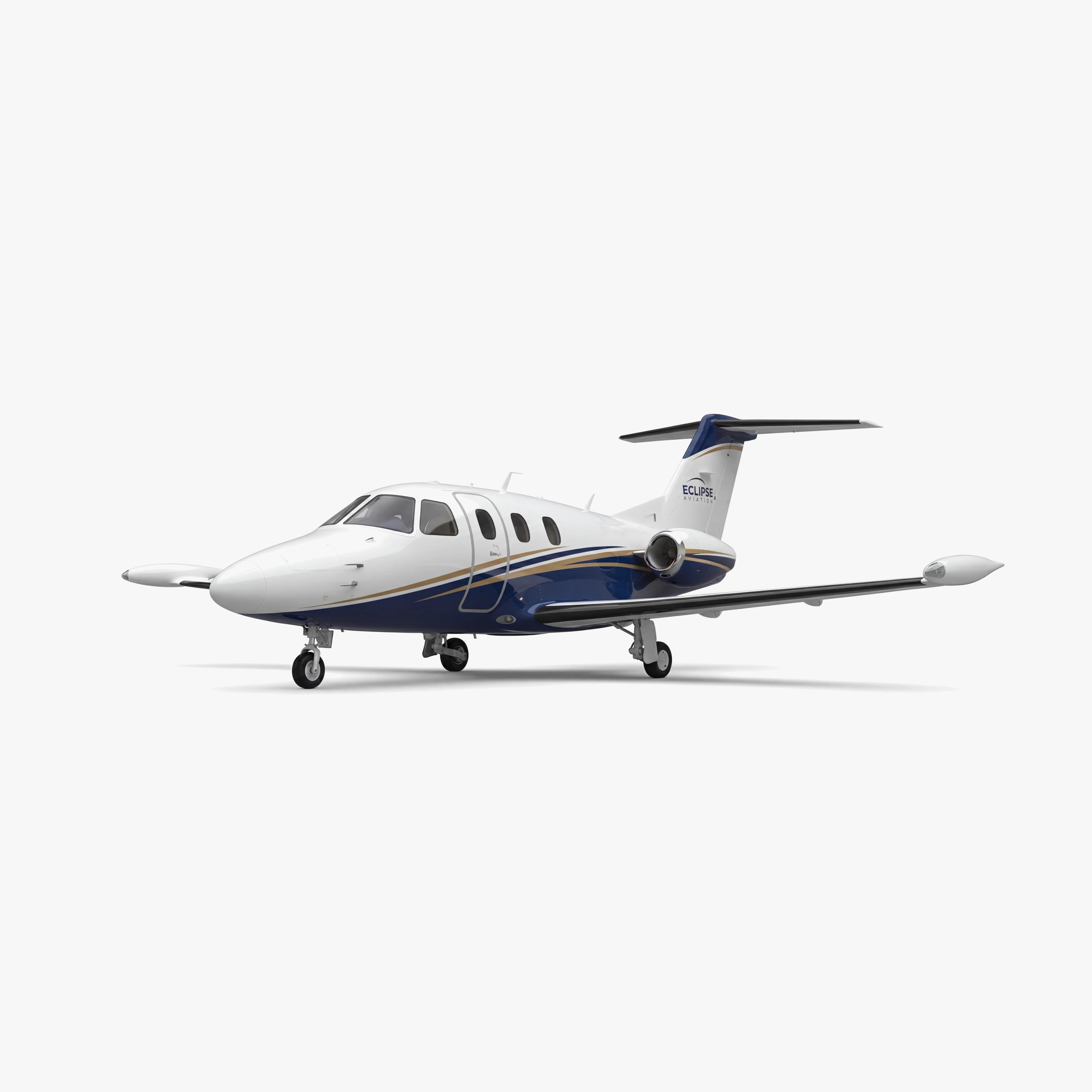 Eclipse 500 very light jet with white fuselage, blue and gold accent stripes, and T-tail configuration