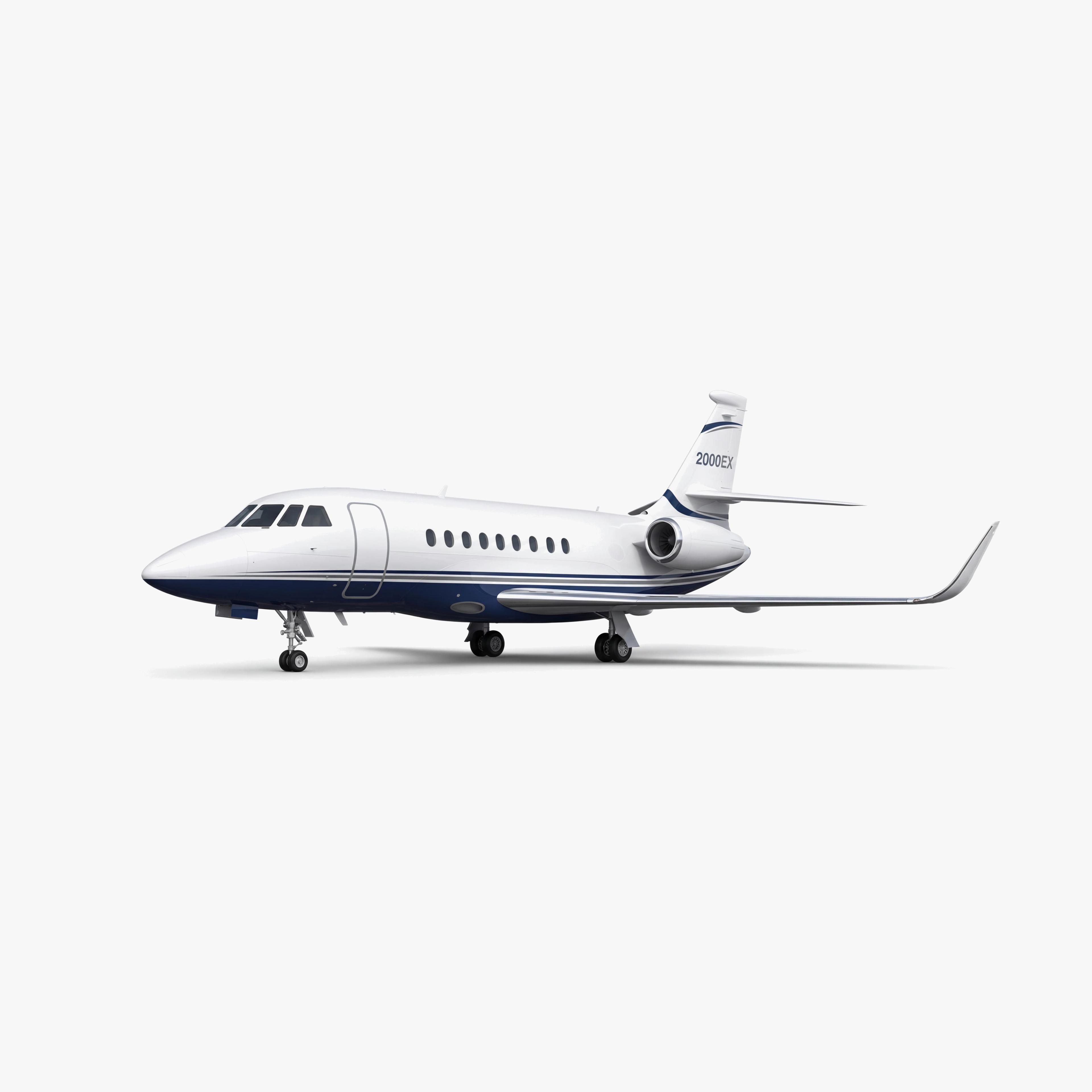 Falcon 2000EX private jet in white and blue livery with registration 2000EX on clean studio background