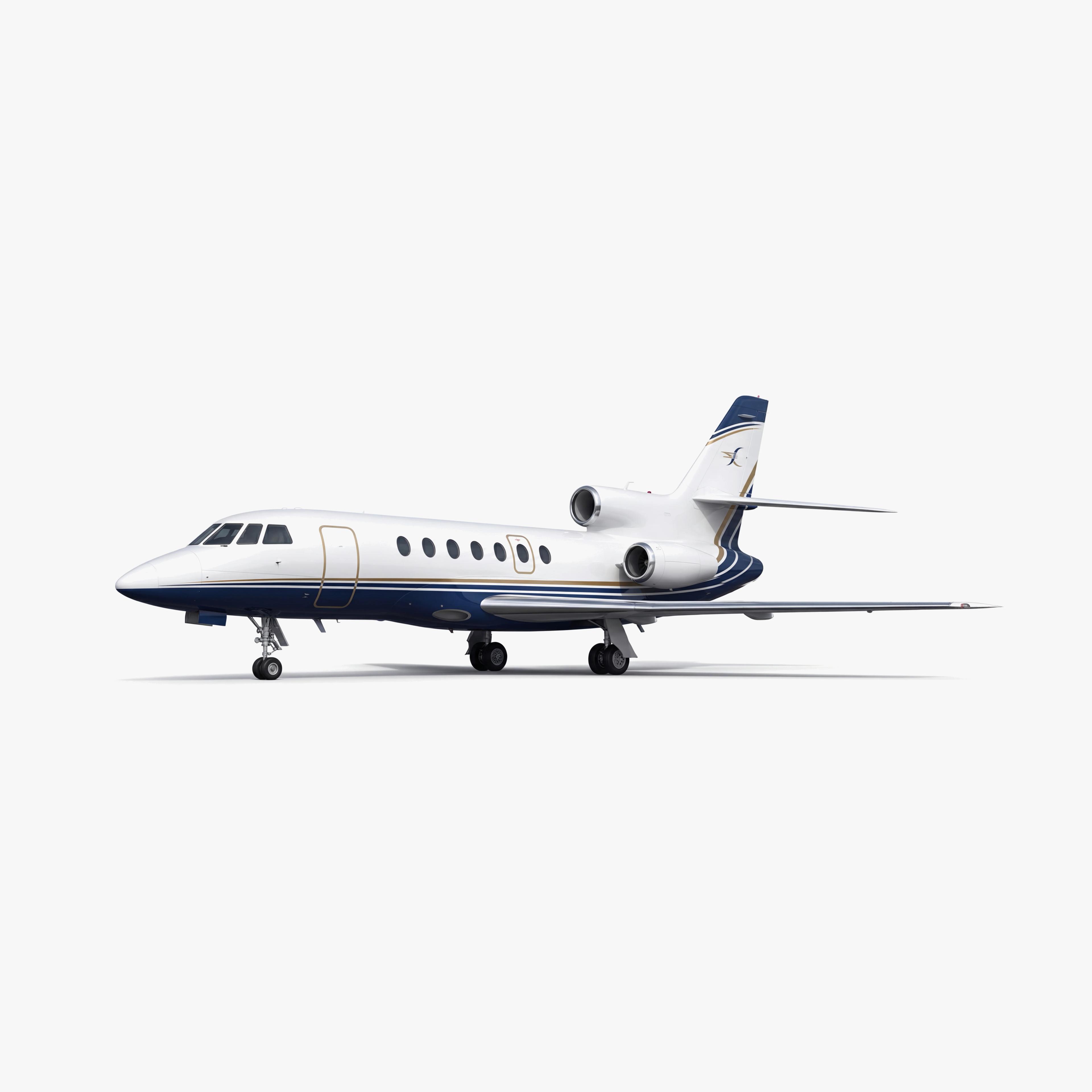 Falcon 50 private jet with white fuselage and navy blue accents, featuring twin engines and sleek design