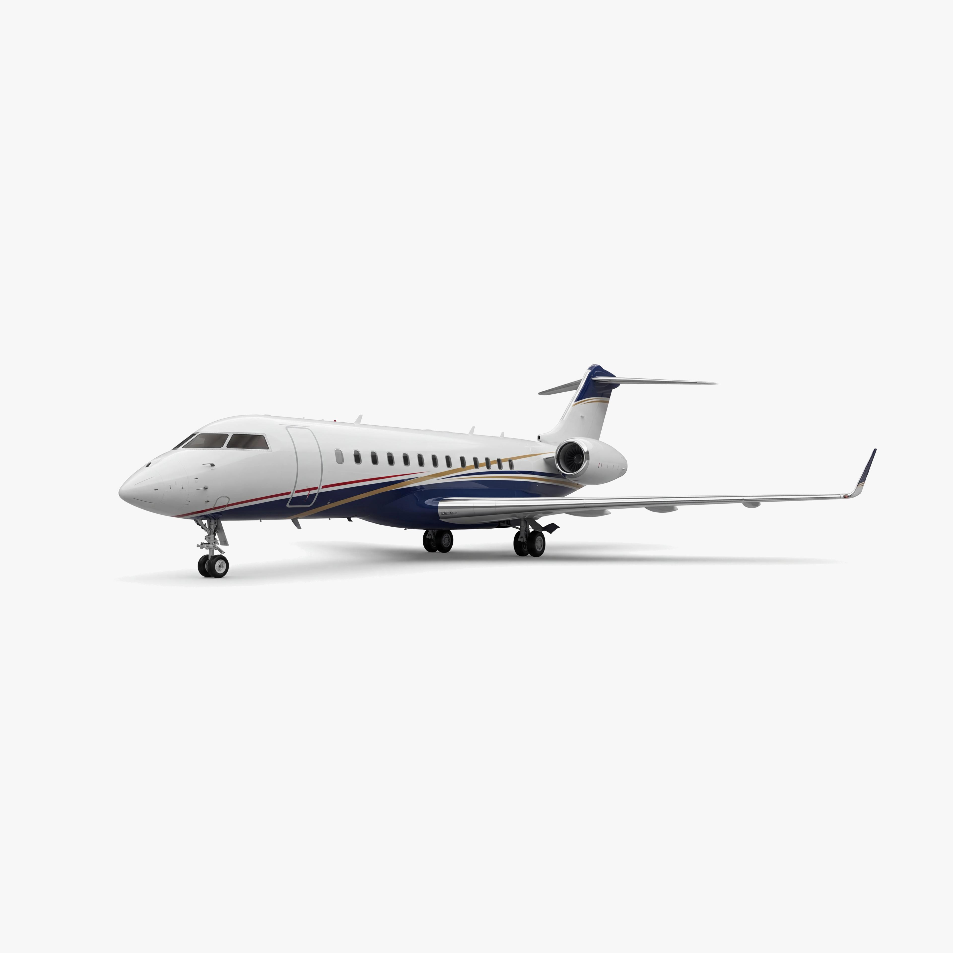 Global 6000 luxury business jet with white fuselage, navy blue and gold accent stripes, T-tail design