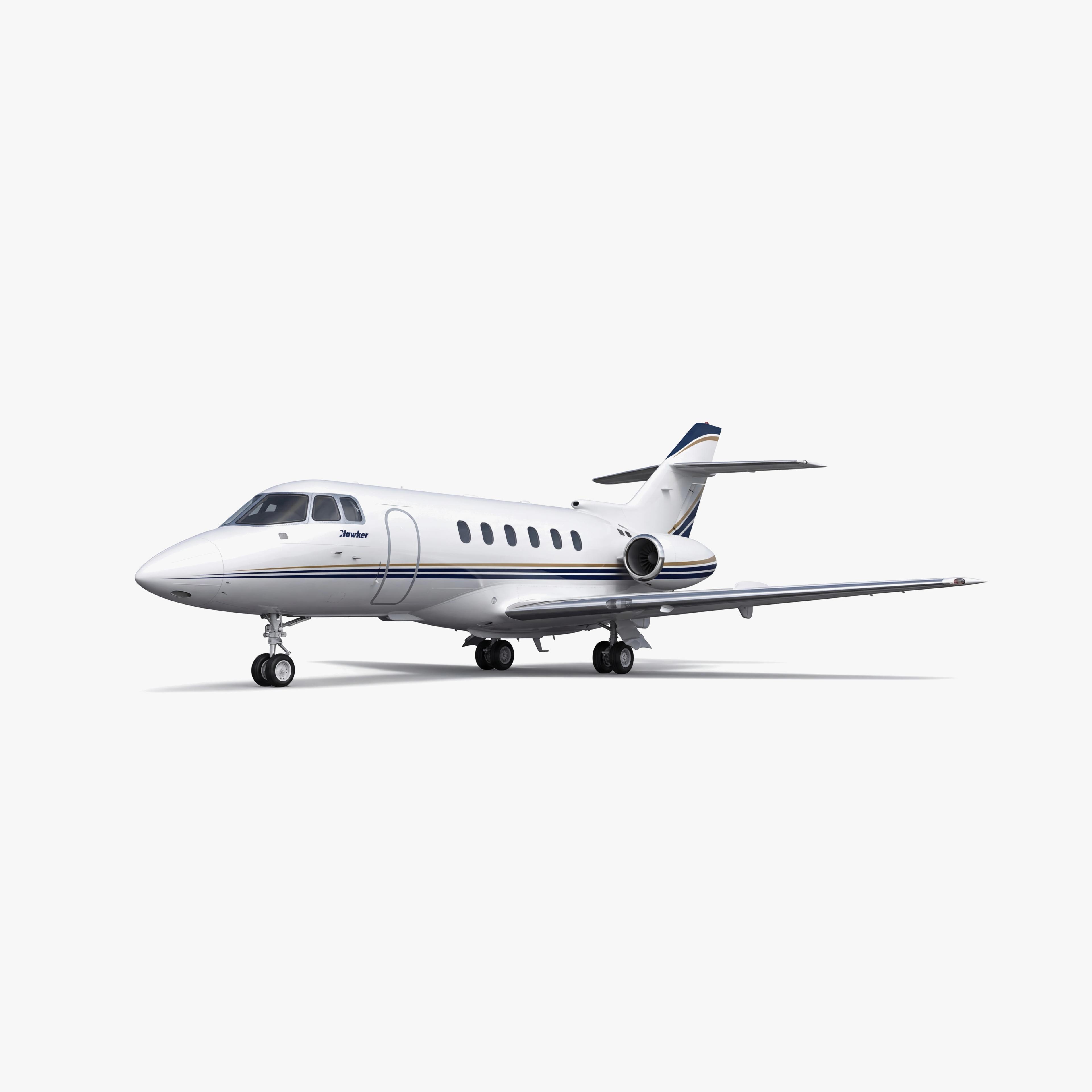 Hawker 750 mid-size business jet with white fuselage and blue accent stripes on clean white background
