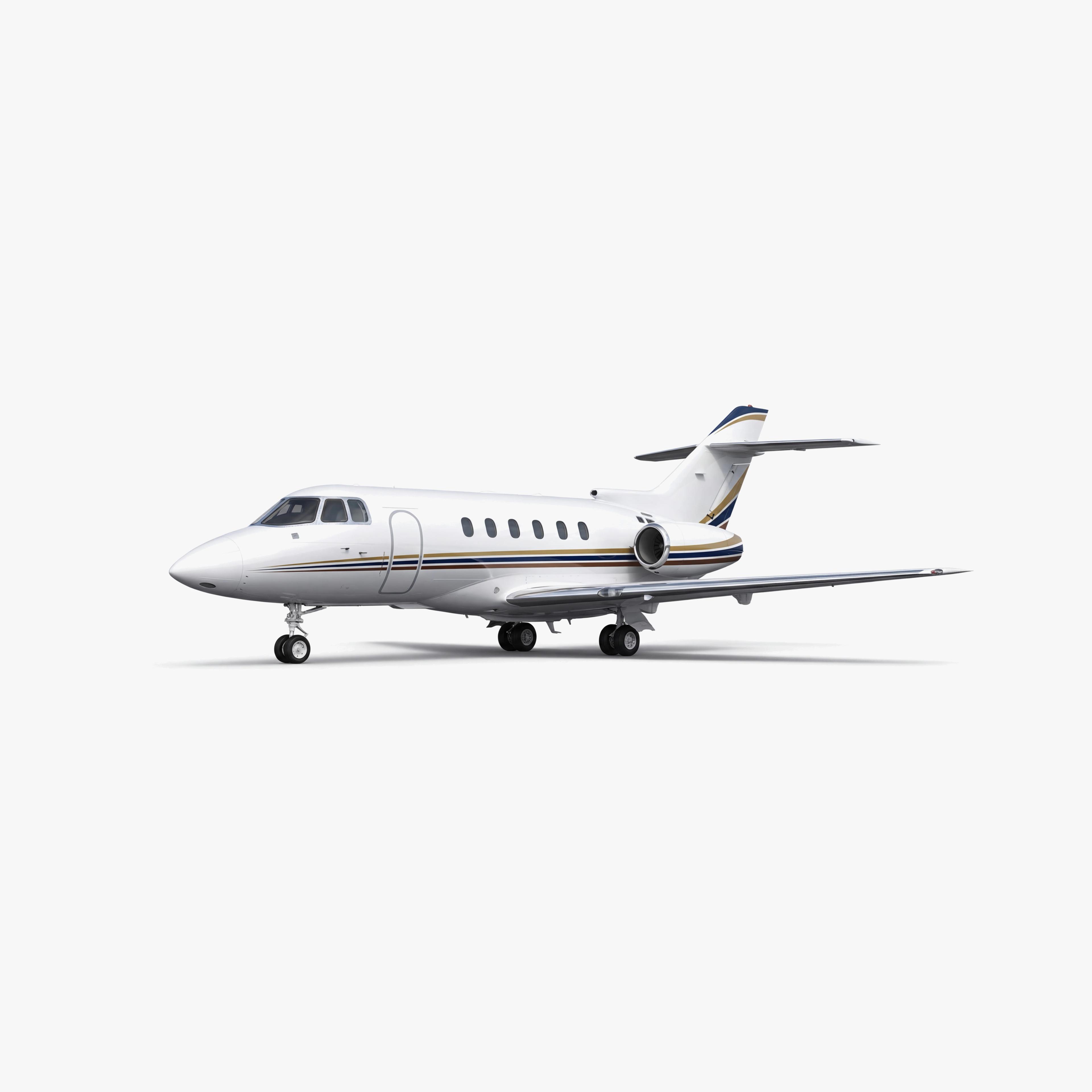 Hawker 800SP mid-size business jet with white fuselage, gold accent stripes and T-tail configuration