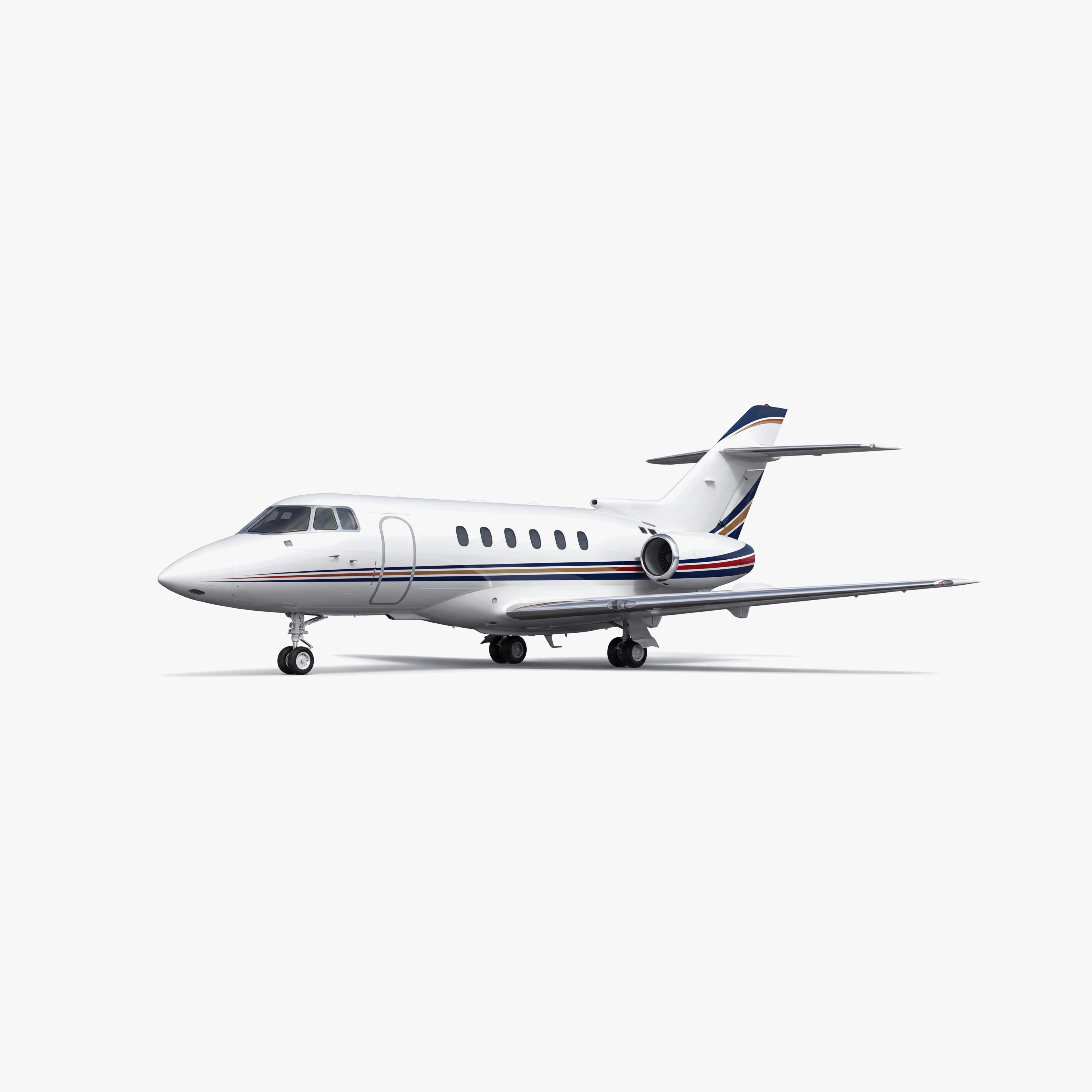 White Hawker 800XP mid-size business jet with blue and red accent stripes on clean studio background