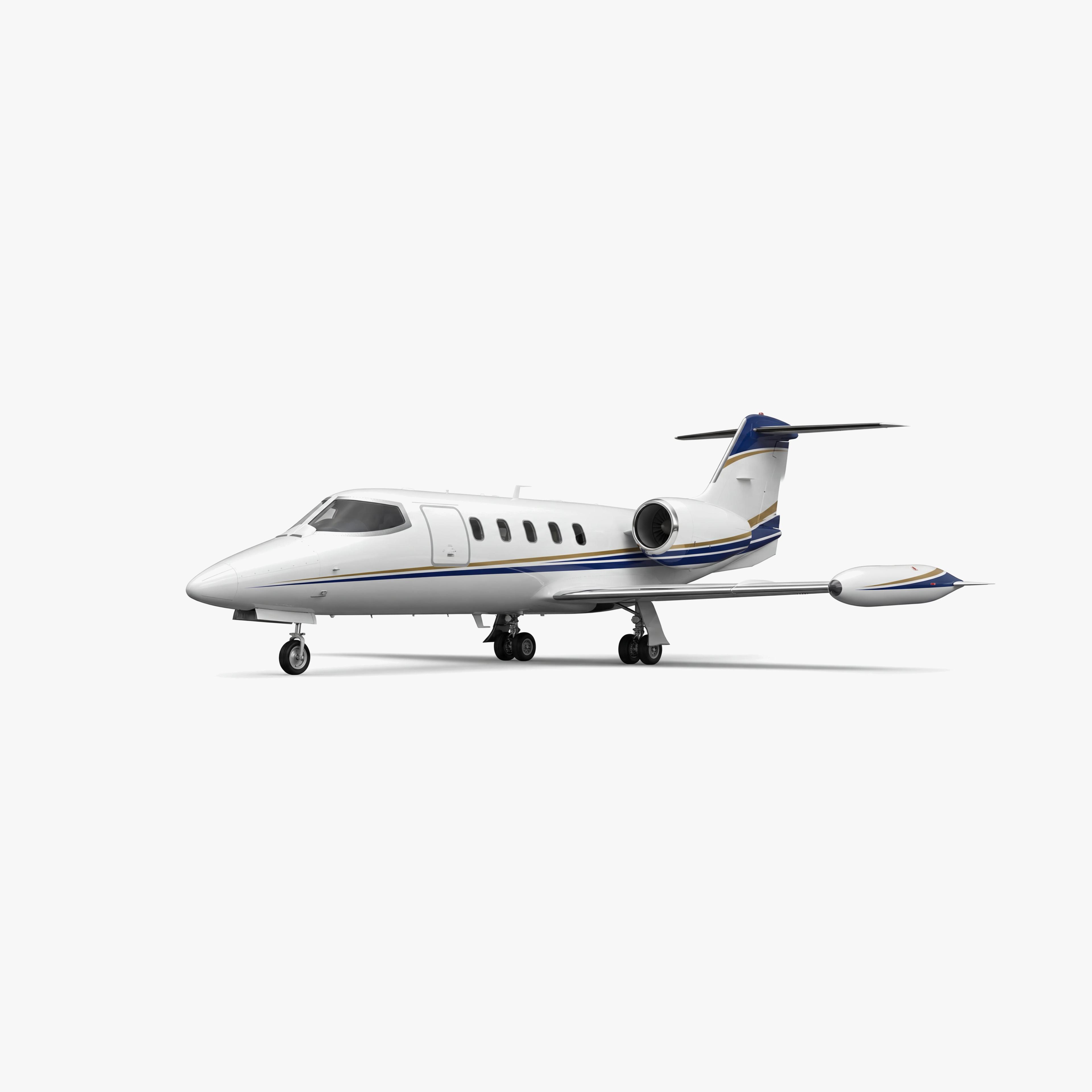 White Learjet 31A light jet with blue accent stripes, twin engines and T-tail configuration on neutral background