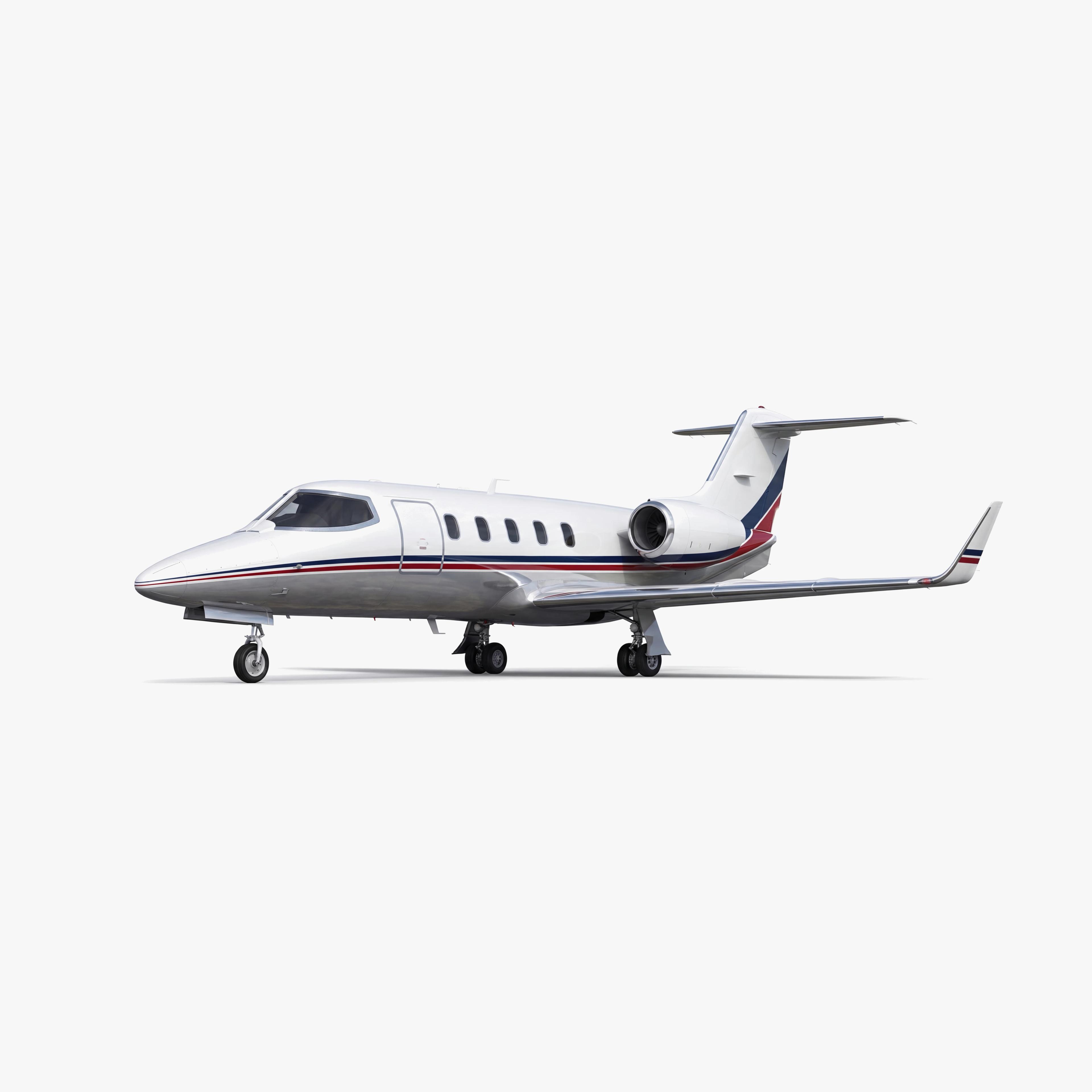 Learjet 35A light business jet with white fuselage, red and blue accent stripes, and T-tail configuration