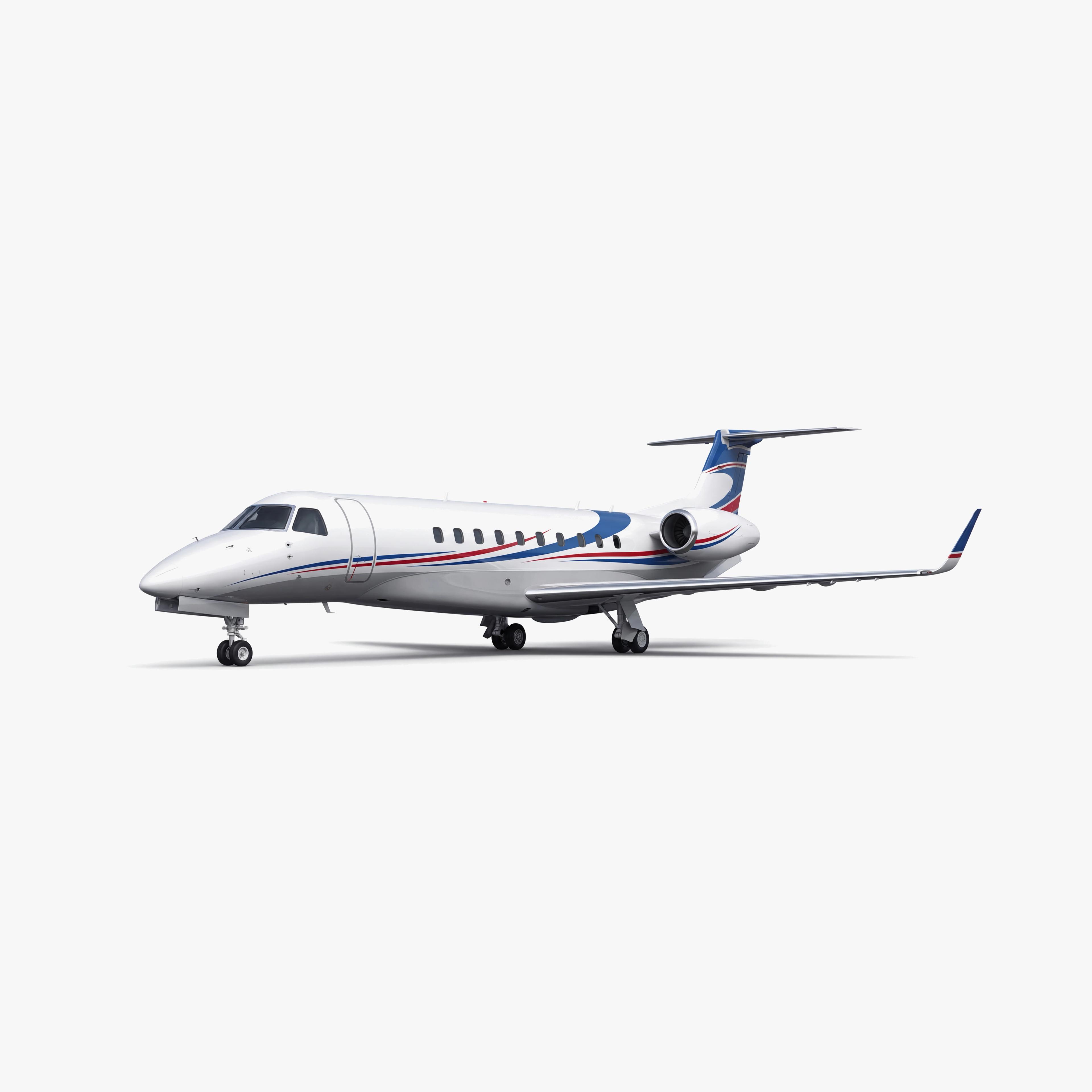 White Legacy 600 business jet with blue and red accent stripes, T-tail configuration on neutral background