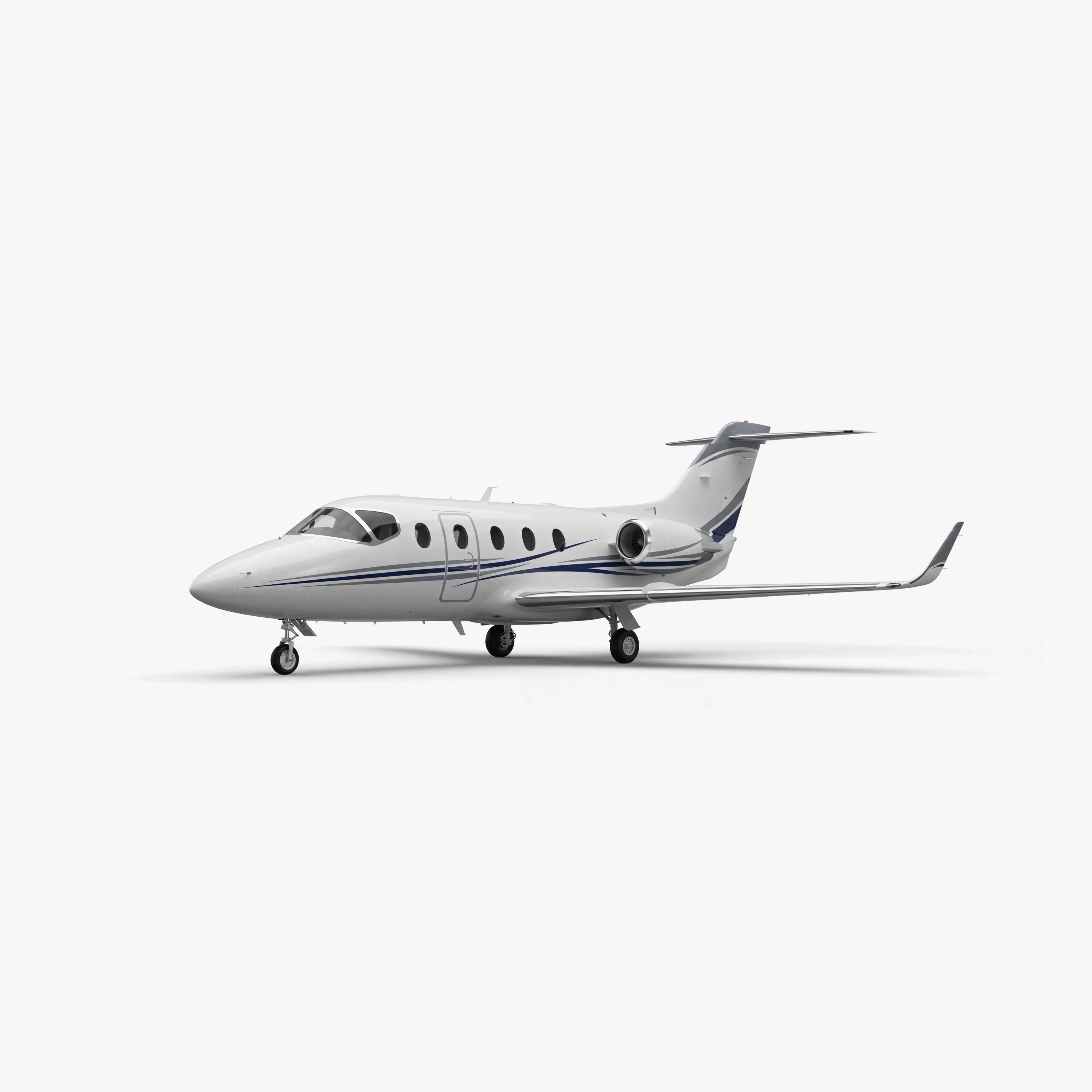Sleek white Nextant 400XT light jet with blue accent stripes and T-tail configuration on neutral background