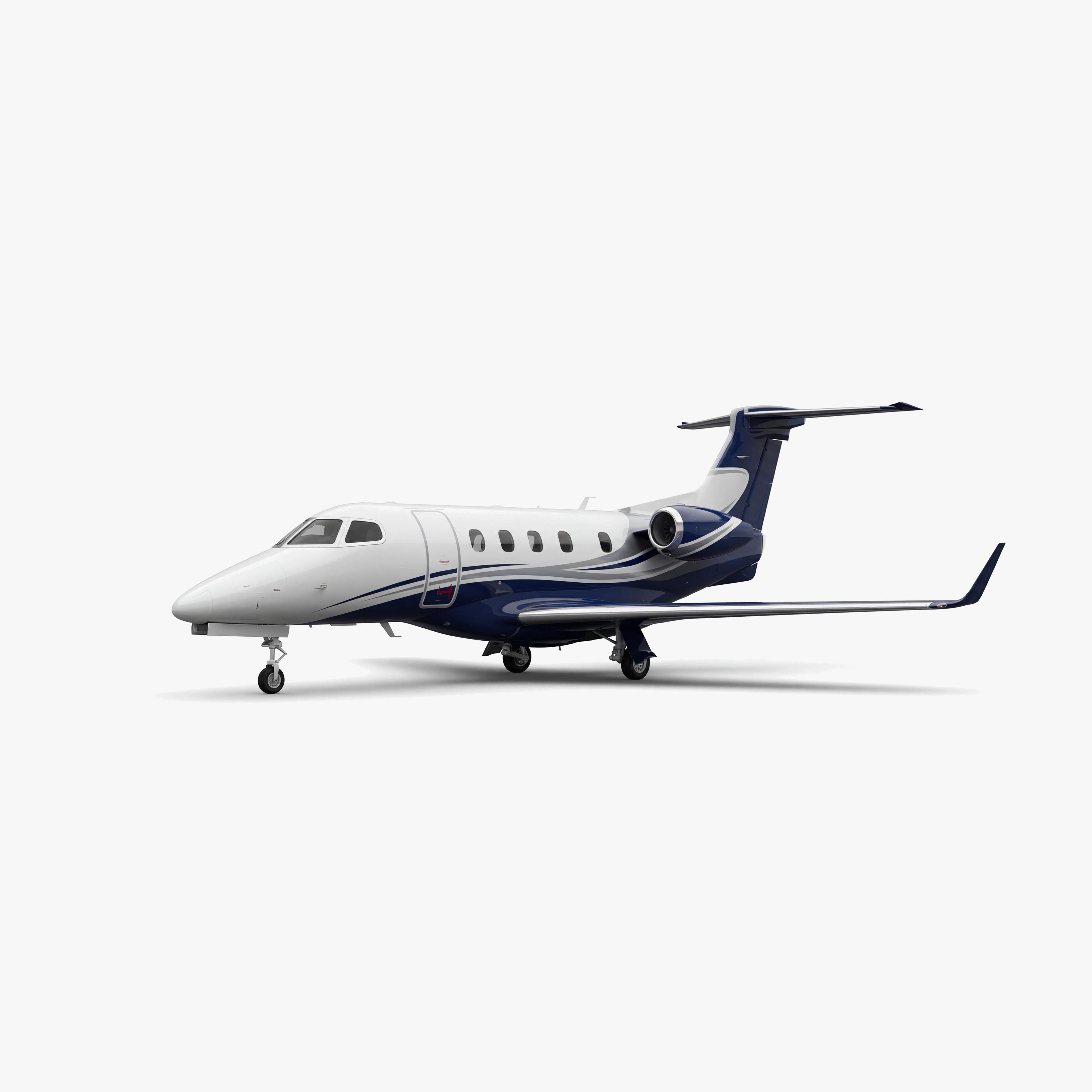 Phenom 300 light jet with white fuselage and navy blue accents, T-tail configuration on neutral background
