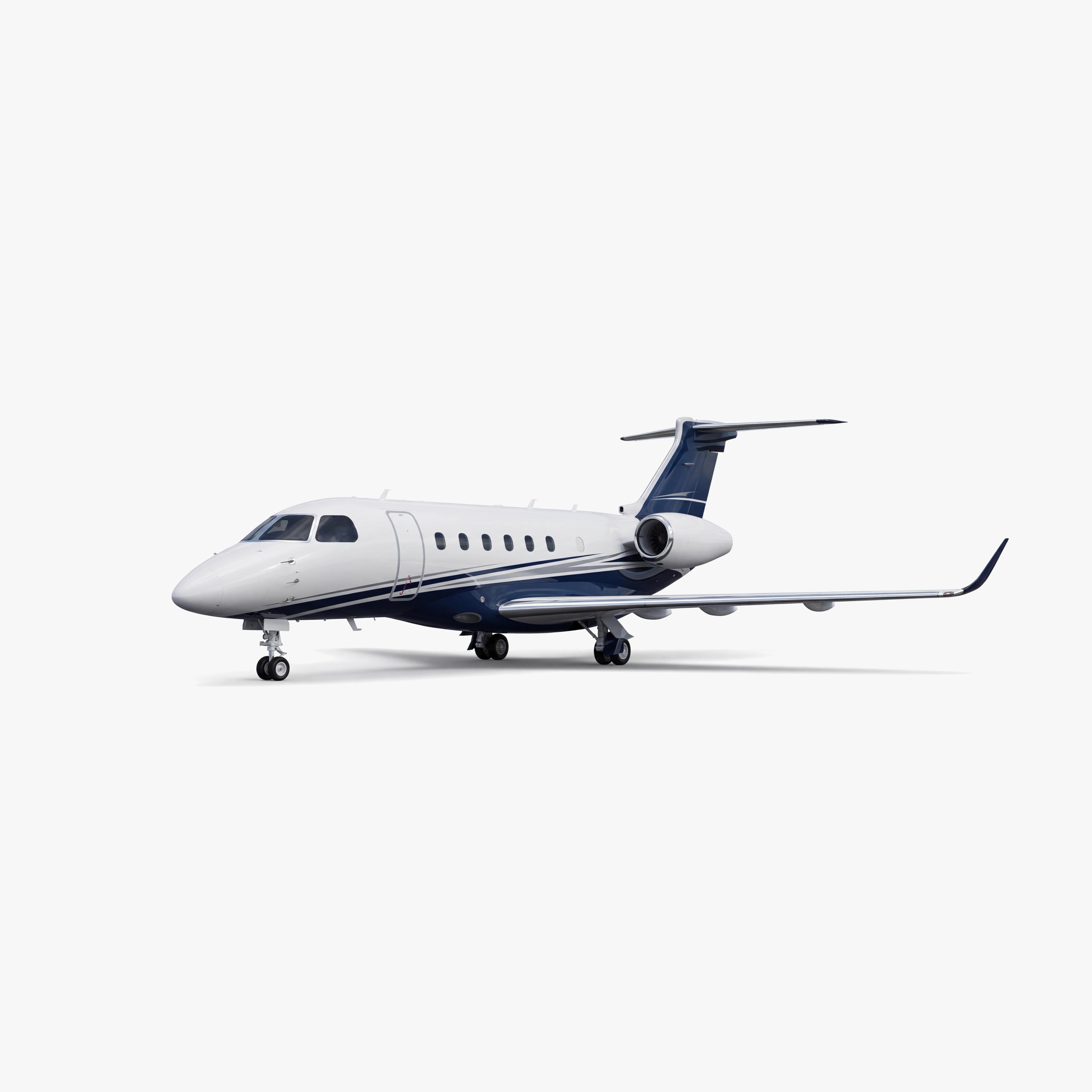 White Praetor 600 mid-size business jet with blue accent stripes on clean studio background
