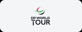 DP World Tour logo featuring green and red curved design elements above black text