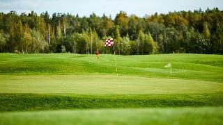 Pristine golf course green with checkered flag pin surrounded by lush fairways and forest backdrop