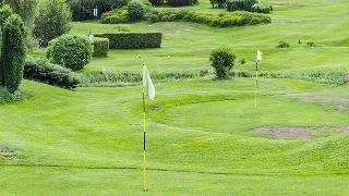 Pristine golf course with manicured greens, flagsticks, and rolling fairways surrounded by lush landscaping