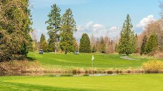 Pristine golf course with manicured green fairways, water hazard, and flag marking the hole in Palm Springs