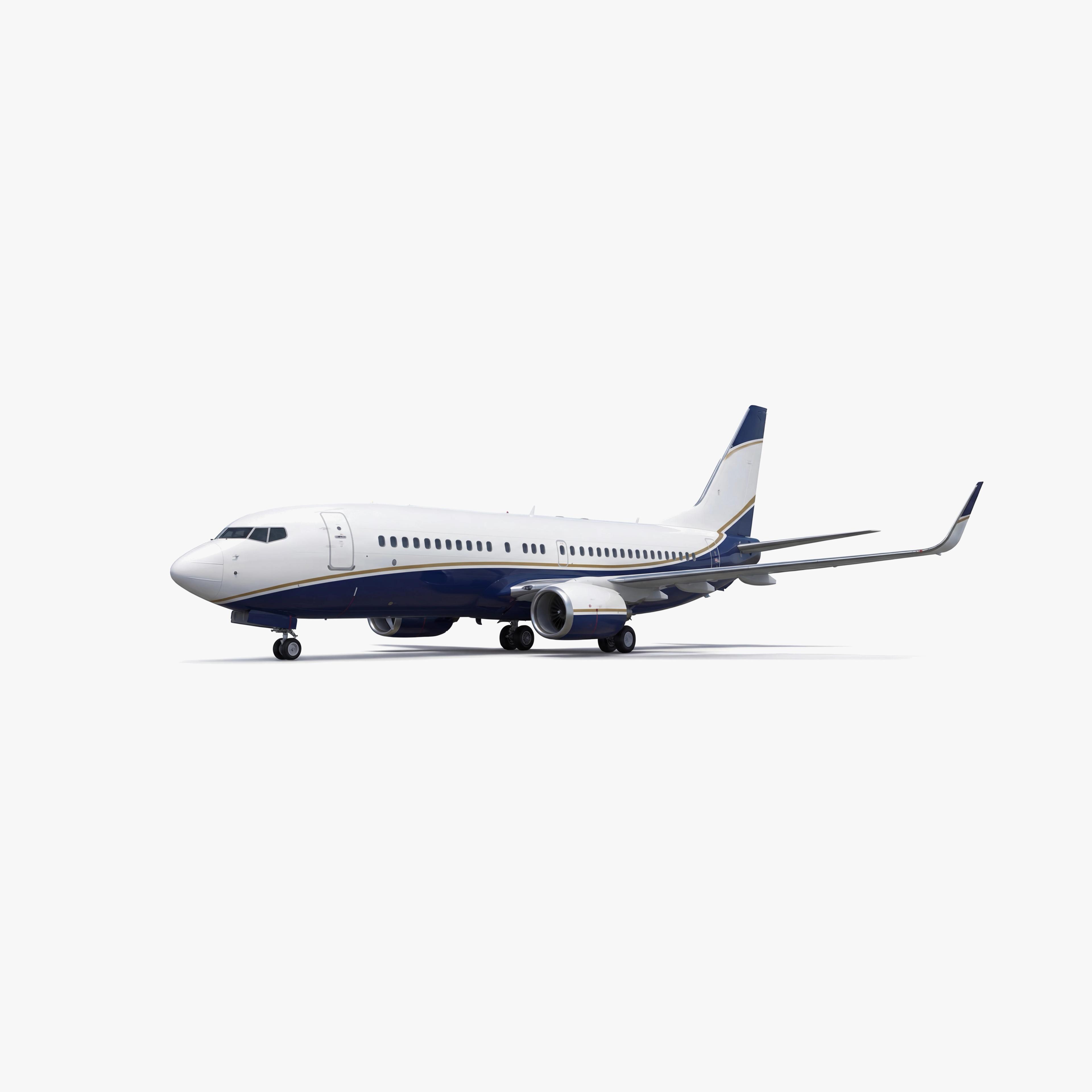 Boeing BBJ private jet with white fuselage and blue accent stripes rendered on neutral background