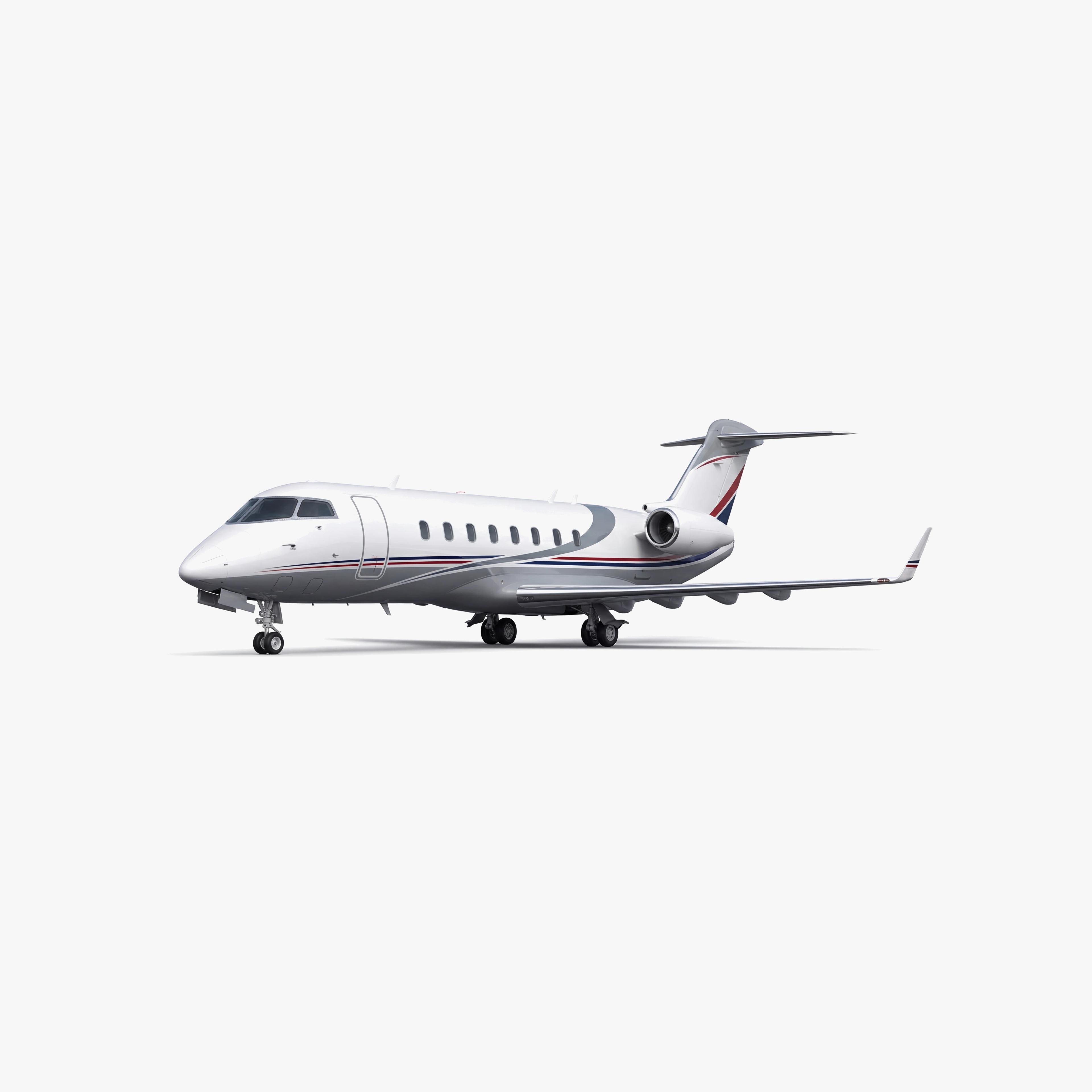 Challenger 850 business jet with white fuselage, red accent stripes, and T-tail configuration on neutral background