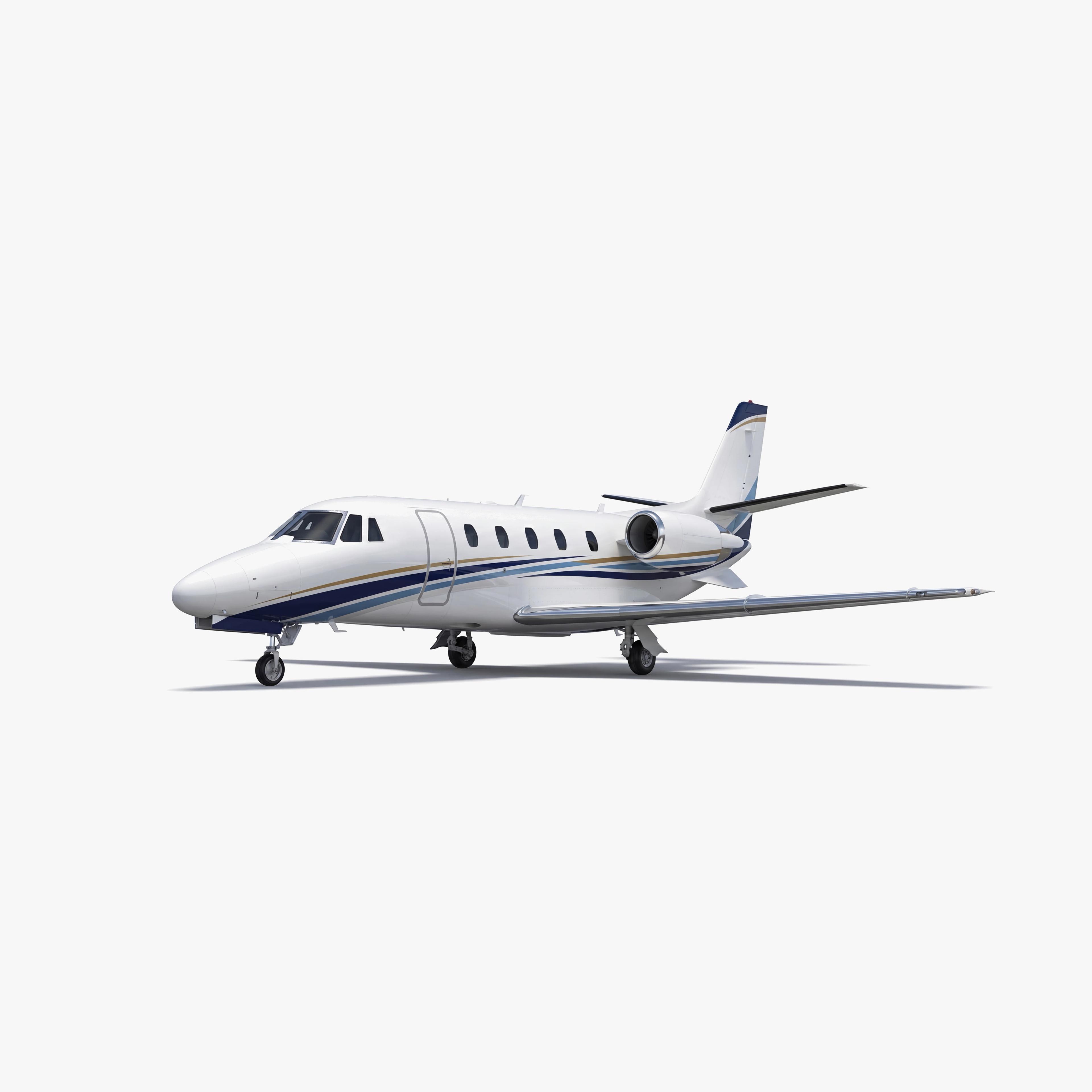 White Citation XLS+ mid-size private jet with blue accent stripes on clean background