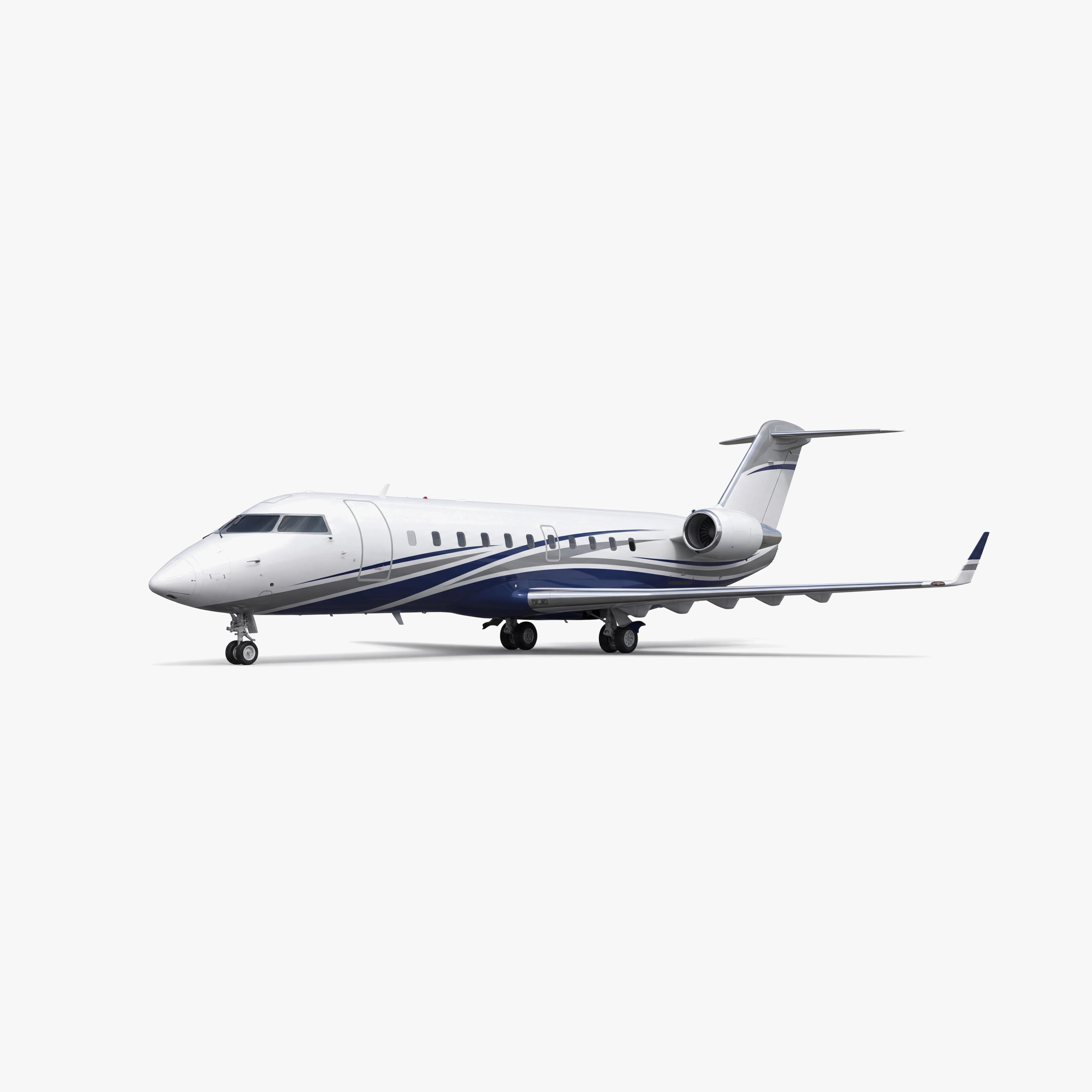 White CRJ-200 VIP private jet with blue accent stripes and T-tail configuration on neutral background