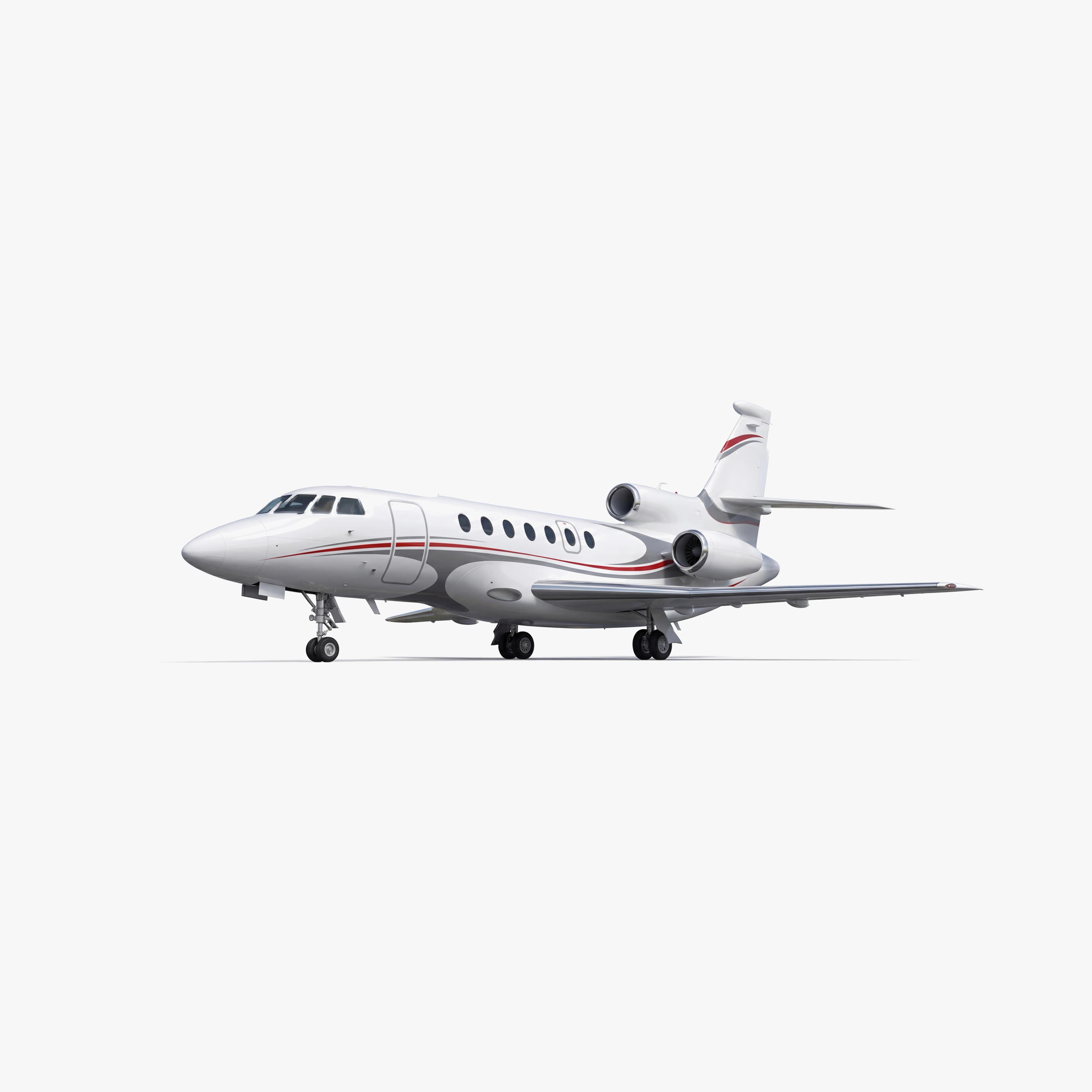White Falcon 50EX private jet with red accent stripes on neutral background, showcasing sleek design