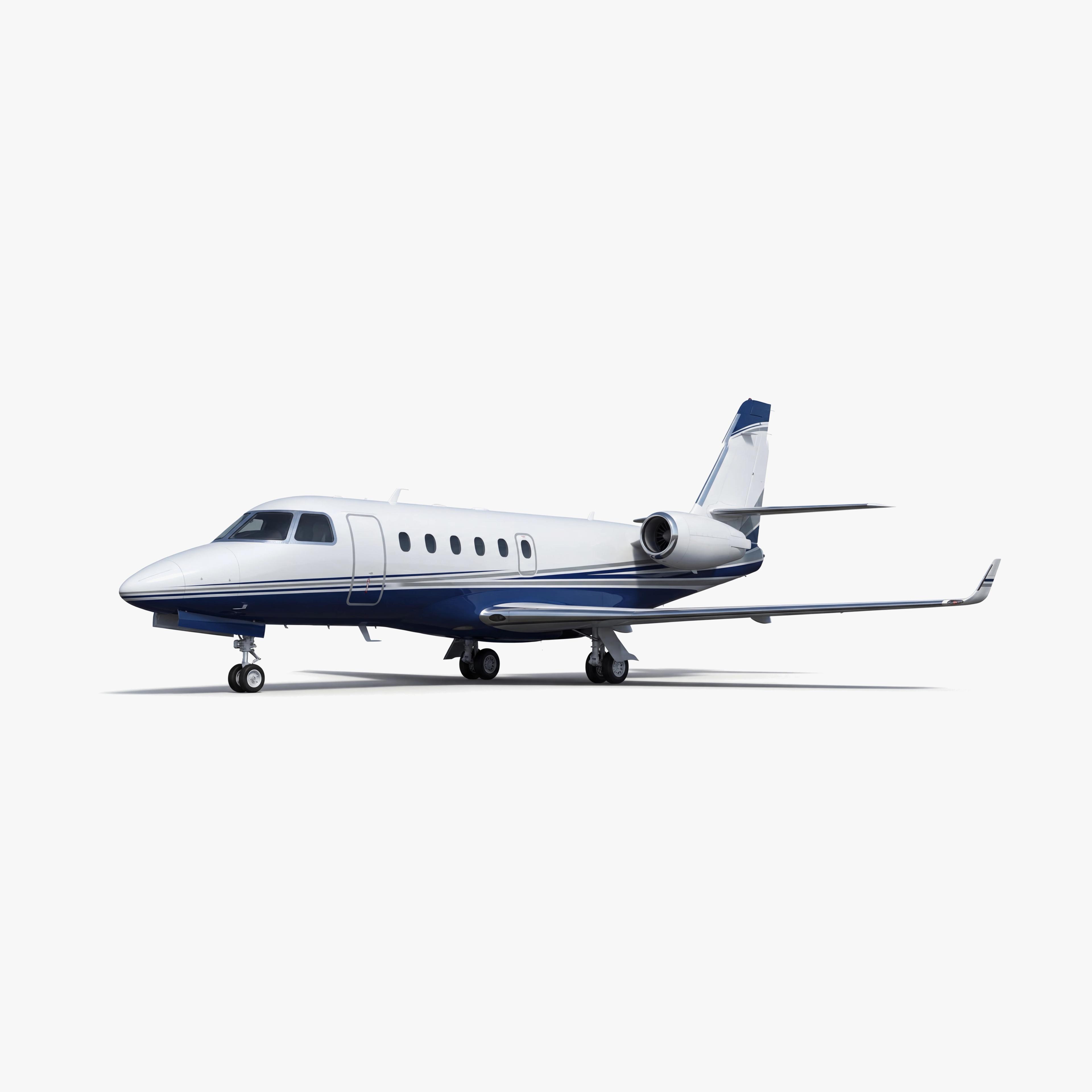 Gulfstream G100 private jet with white fuselage and blue accent stripes in 3D rendered side profile