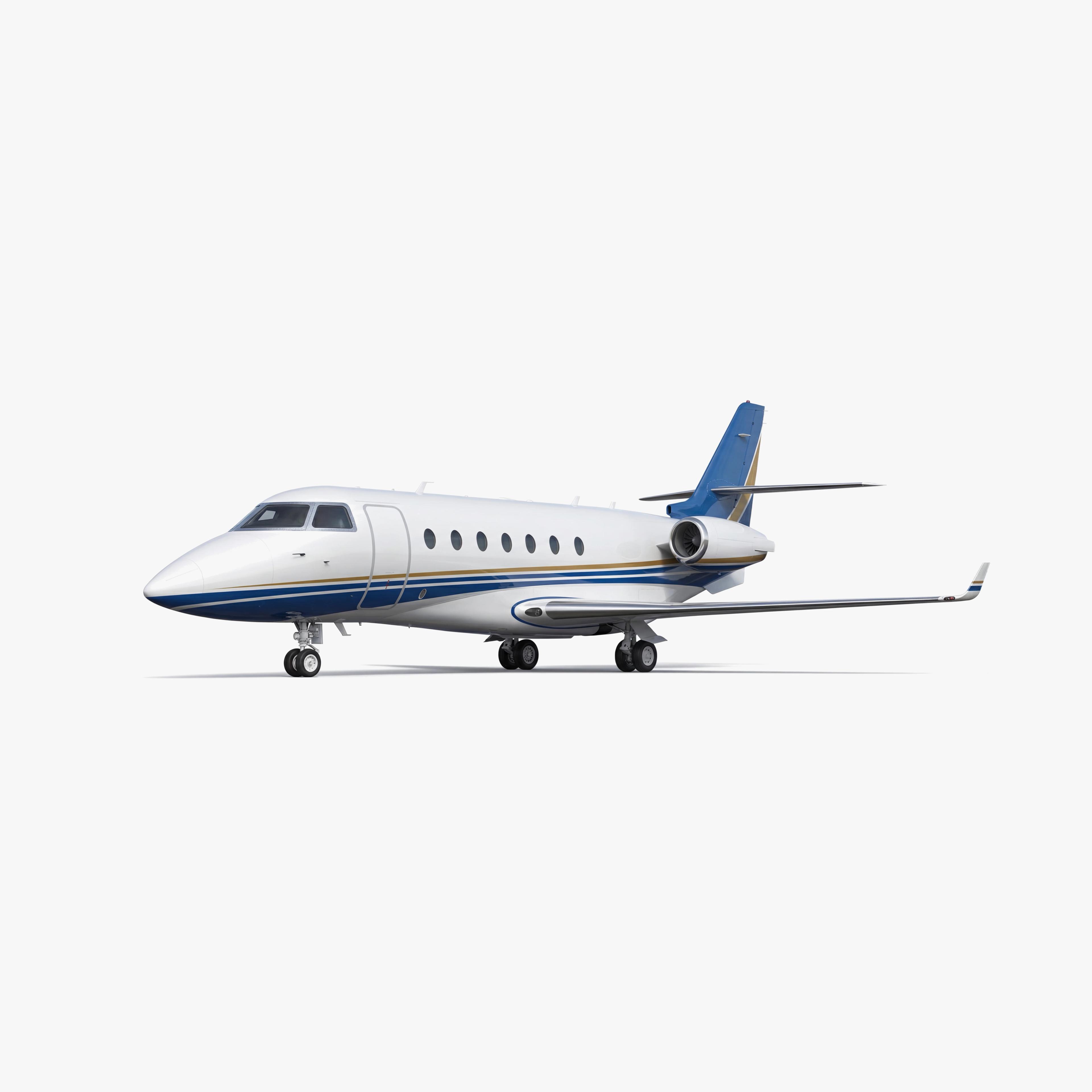 Gulfstream G200 private jet with white fuselage and blue accent stripes on clean white background