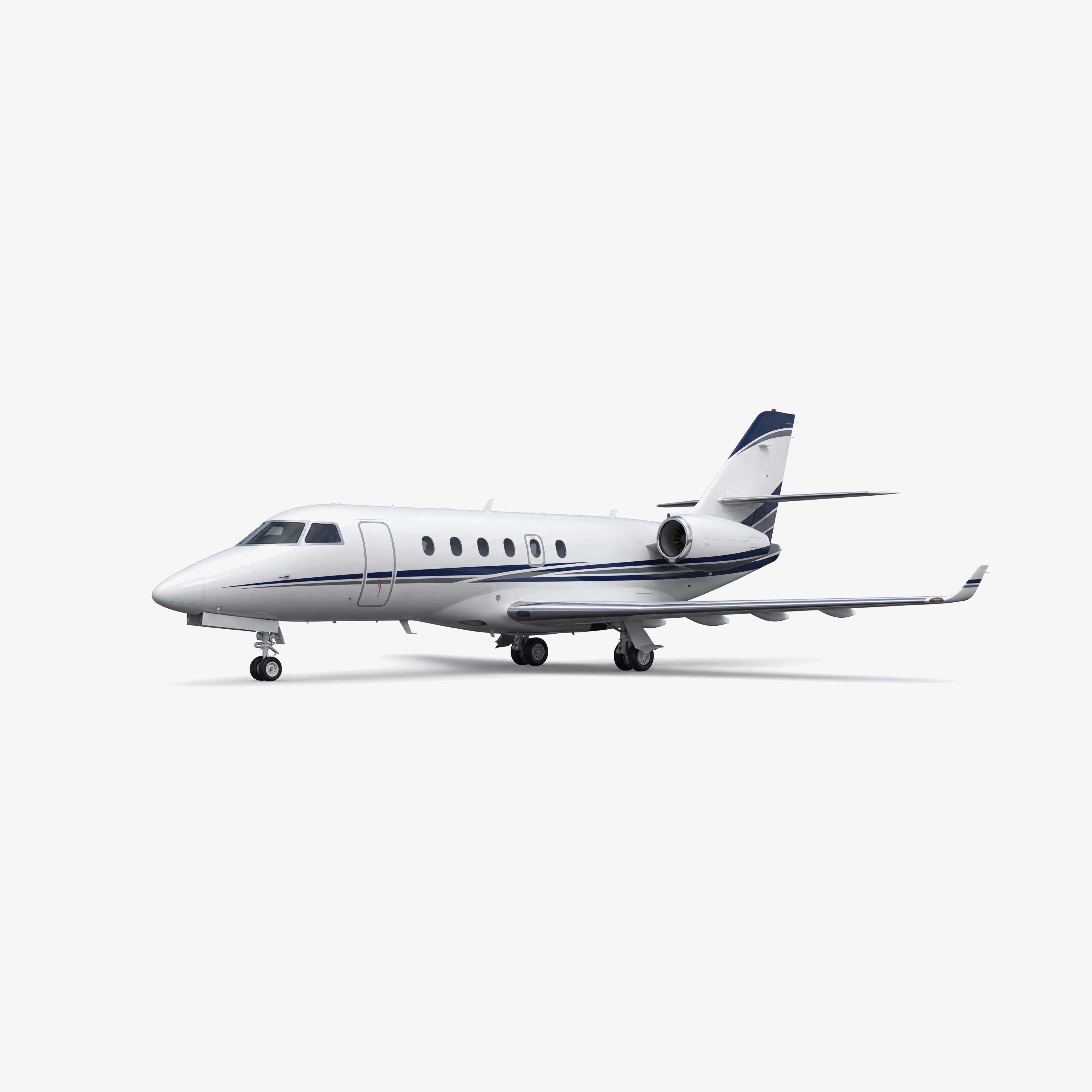 White IAI Astra SPX mid-size business jet with navy blue accent stripes on clean studio background