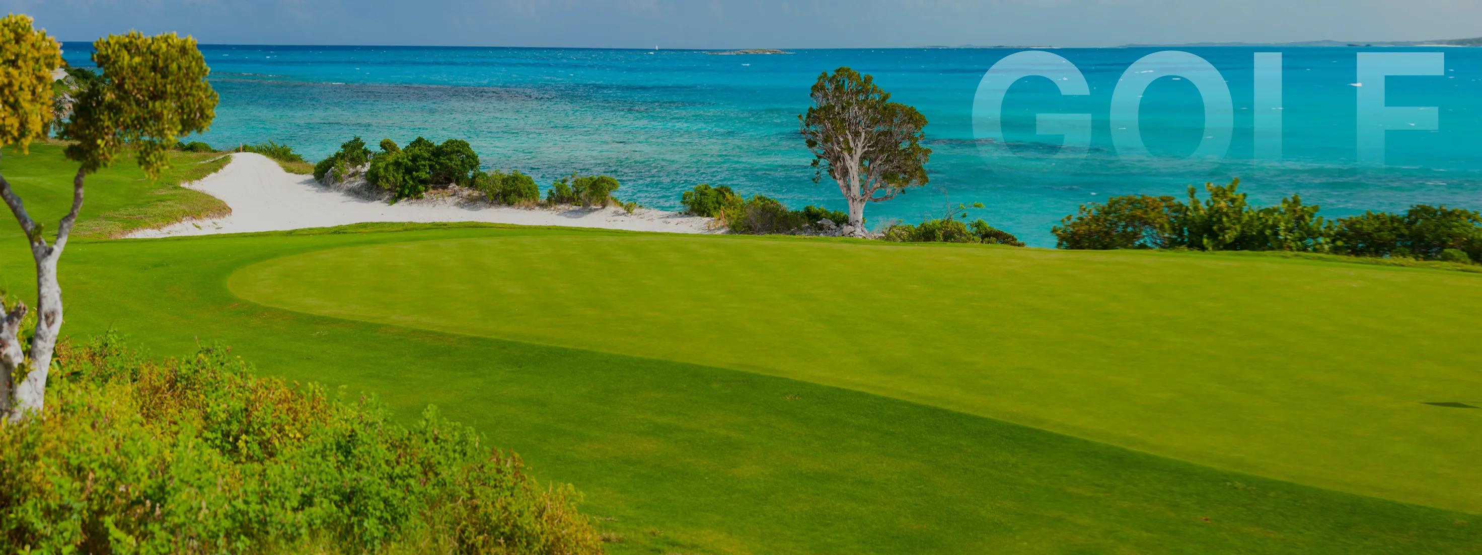 Pristine golf green overlooking turquoise Caribbean waters with tropical vegetation and sandy beach